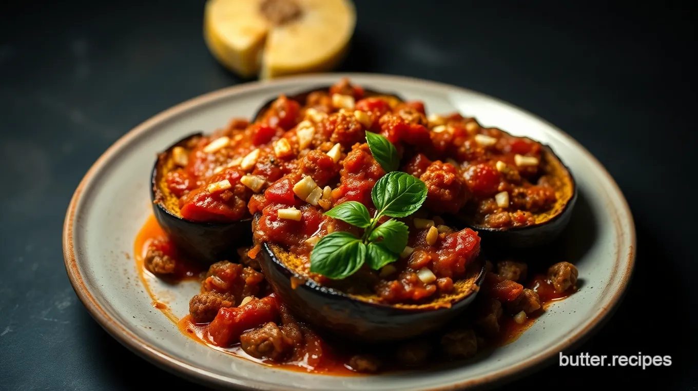 Harissa Beef Stuffed Eggplant