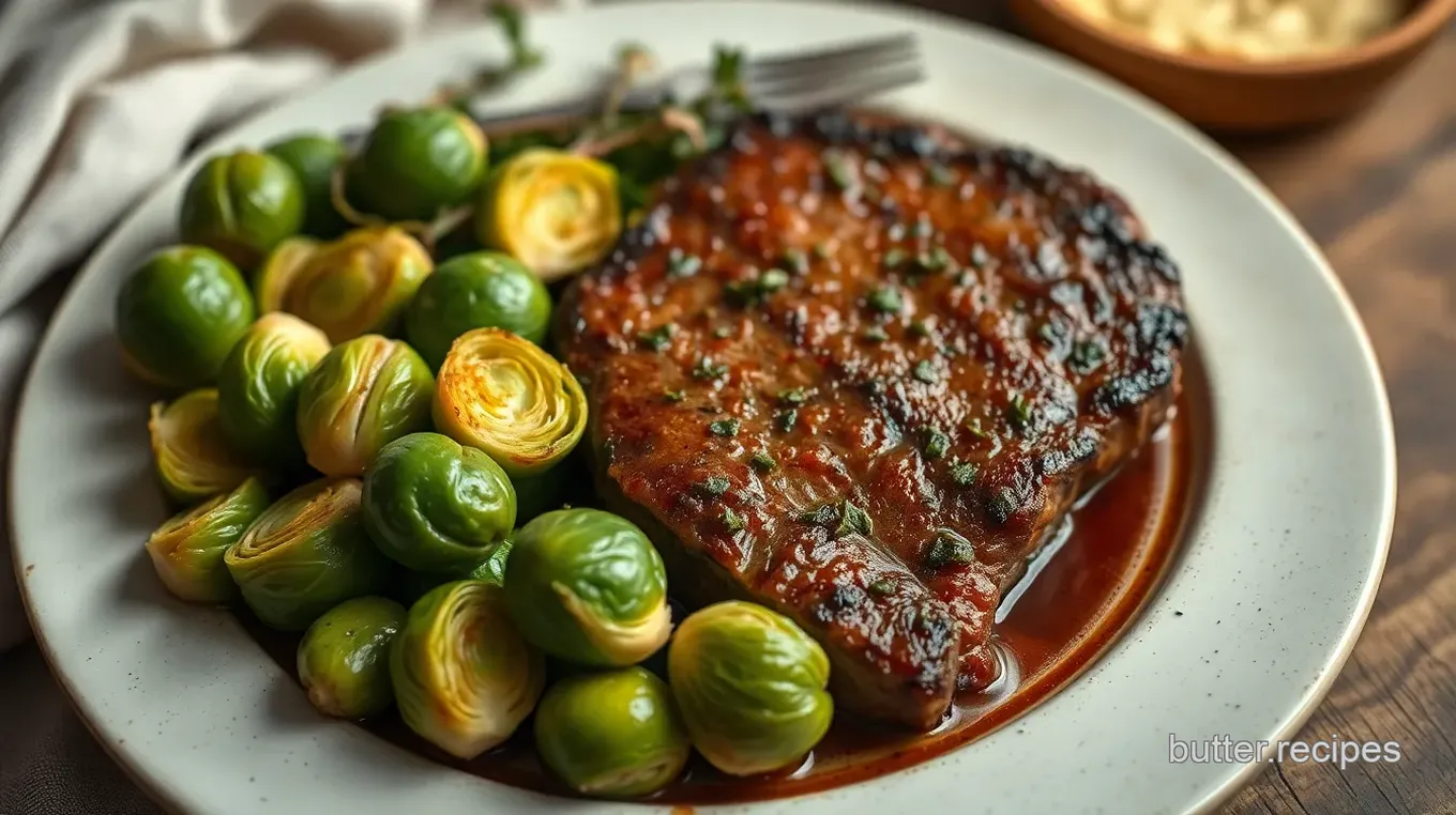 Quick New York Steak with Savory Brussels Sprouts