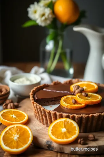 Decadent Chocolate Tart with Hazelnuts & Oranges presentation