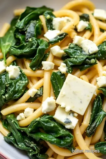 Creamy Blue Cheese Pasta with Wilted Greens presentation