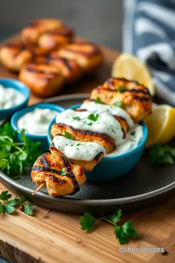 Grilled Chicken Souvlaki with Tzatziki Sauce presentation