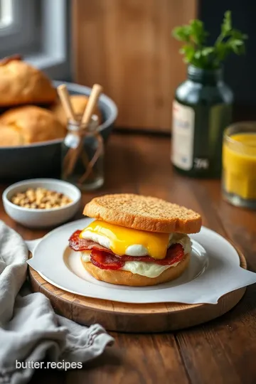 Hearty Breakfast Sandwich with Bacon and Eggs presentation