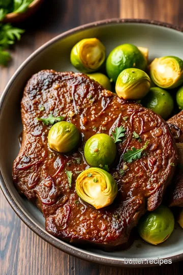 Quick New York Steak with Savory Brussels Sprouts presentation